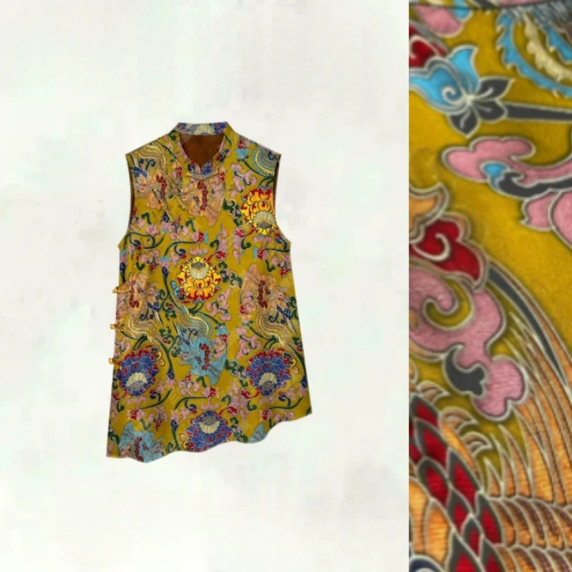 Новый топ из шелковистой ткани с цветочным жаккардовым узором в китайском стиле желтого, розового и других длинных брюк с небольшой эластичностью.