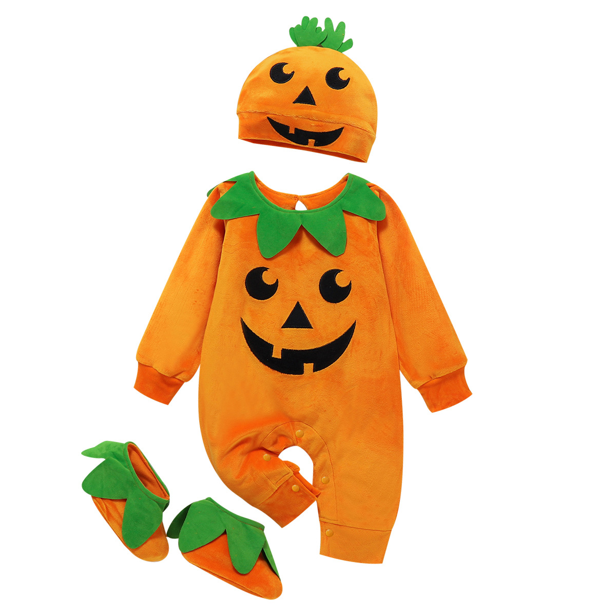 Ropa exclusiva transfronteriza para niños mono de bebé de Halloween sombrero de calabaza europeo y americano mameluco de manga larga traje de tres piezas