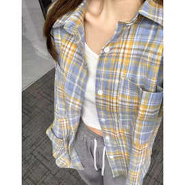 工厂直销美式纯棉格子衬衫女春秋新款宽松外穿长袖衬衣翻领上衣潮