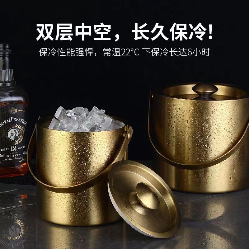 Cubo de Hielo de Acero Inoxidable Chuanyue, Cubo de Almacenamiento de Cubitos de Hielo Dorado con Tapa, Cubo Enfriador de Cerveza Portátil de Doble Capa 304, Moderno