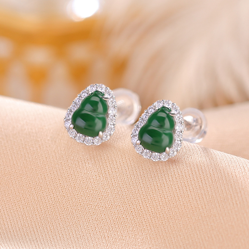 Khuyên tai nữ bạc S925 đính đá ngọc lục bảo phong cách hoang dã — Kiểu màu vàng