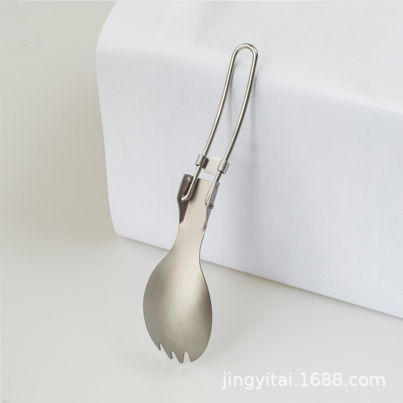Tenedor y cuchara de titanio puro para exteriores Kangtai, de doble uso, plegables, portátiles, para camping.