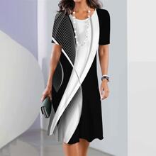 2023新款长款圆领连衣裙女秋季条纹印花宽松休闲短袖t恤裙