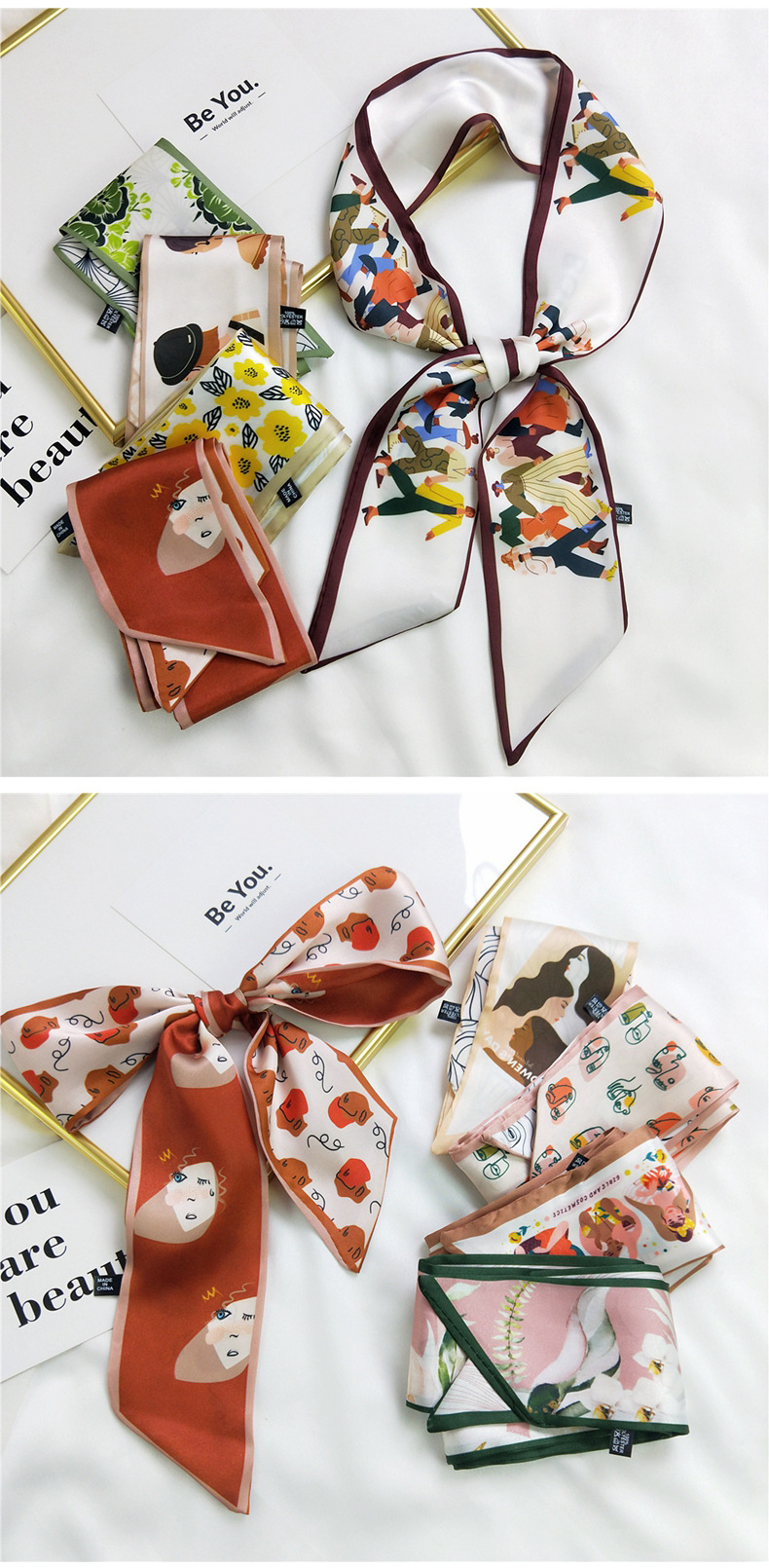 20g Weight Silk Scarf Classification Travel Occasion Unisex Gender Sweet Style Khaki, Multicolor, Dark Blue, White, Red, Green, Blue, Yellow, Black Color Fashion Silk Scarf Hair Tie 2