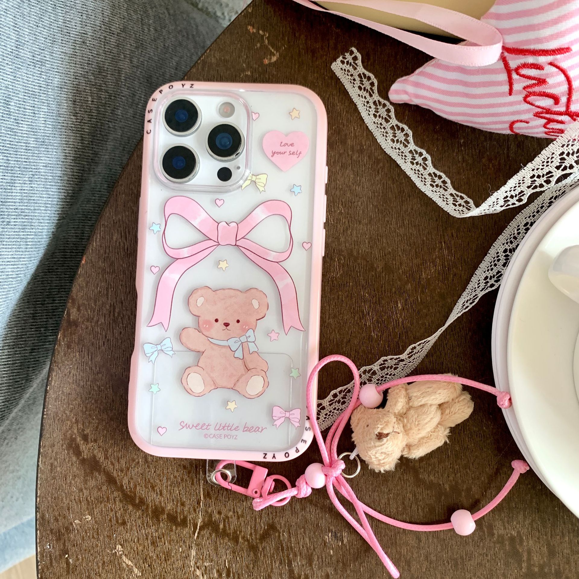 Cute Girl Heart Bowknot Bear Adecuado para Apple 16ProMax Funda para teléfono 15/14 Transparente 15Pro Nuevo 13