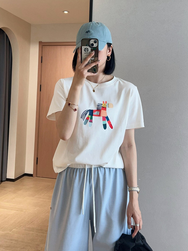 Playful Age-Reducing Lazy Soft Healing Colorfulful Pony Print Round Neck Short-Sleeved Loose T-Shirt for Women 2025 Summer G041828