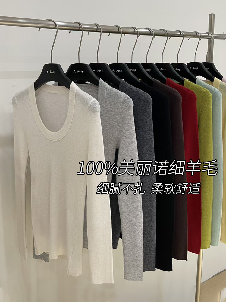 梳毛100ファインウールローユーネックニットボトムシャツレディーススリムフィット通勤セーター韓国風21色