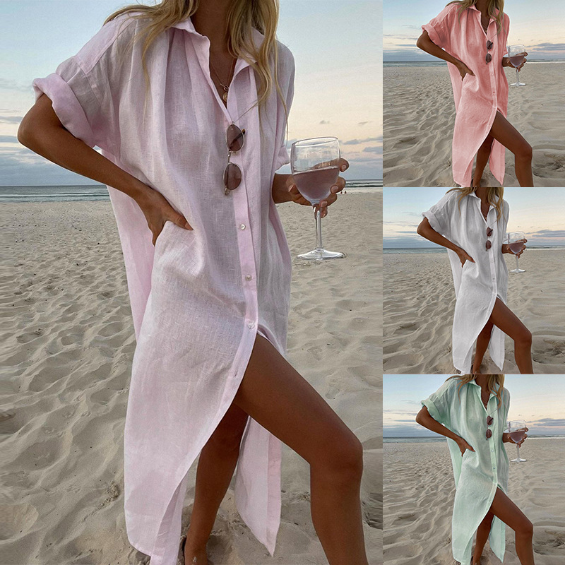 Wholesale Women'S Casual Solid Color Beach Turndown Long Sleeve paper shirt Dress display picture 2