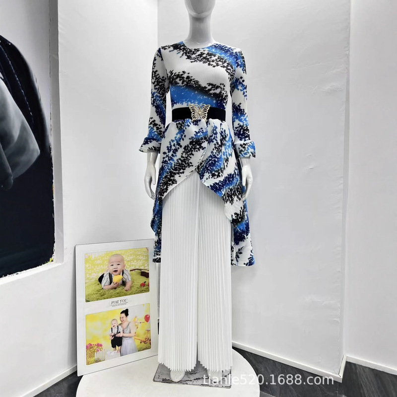 Tianle Miyake Cross-Border Wholesale New Printed Bell Sleeve Asymmetrical Elegant Large Size Women's Pants Suit