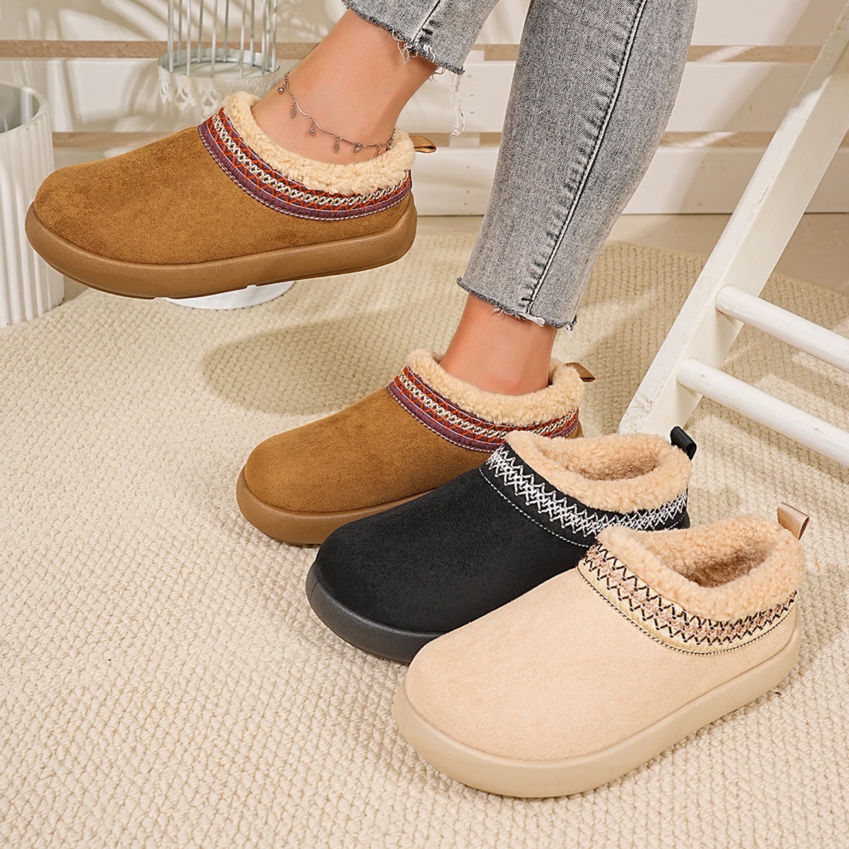 Foreign trade large-size ethnic style woven thick-soled snow boots, 2026 winter new model, plush-lined warm slip-on cotton shoes for women