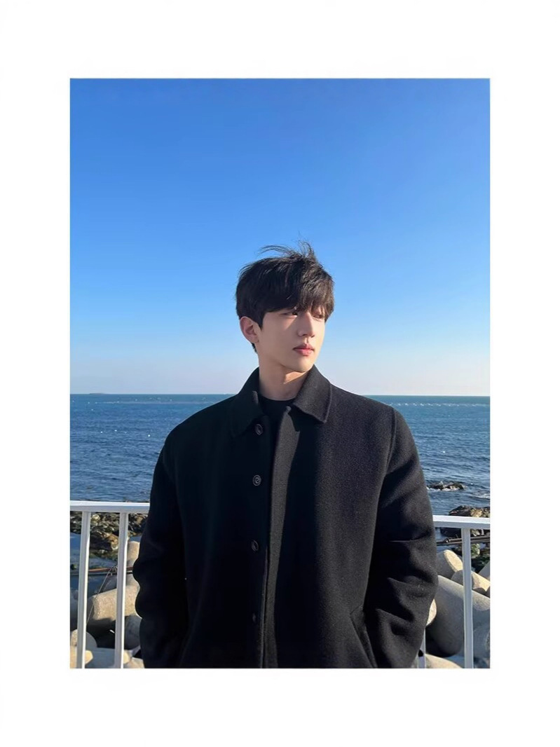 韩国ins 秋冬痞帅外套男装优雅简约气质双面手工呢大衣外套黑色