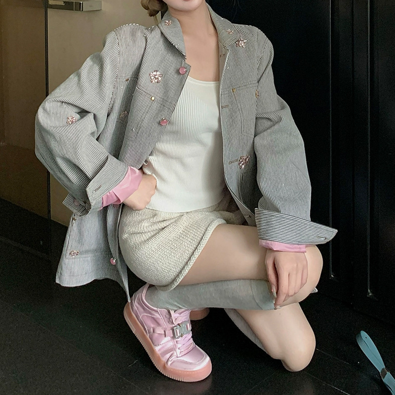 槿一水钻条纹牛仔外套女秋季新款设计感小众宽松复古翻领夹克2025|undefined