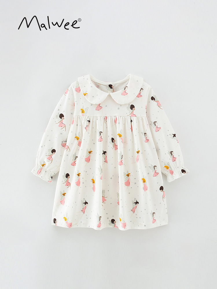 En stock malwee niños vestido de otoño nuevos niños de manga larga impresa cuello redondo casual niña princesa vestido