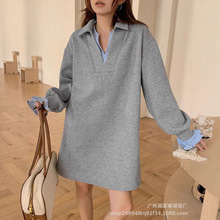 亚马逊跨境外贸新款希音V领长袖加绒长袖纯色宽松长款卫衣裙