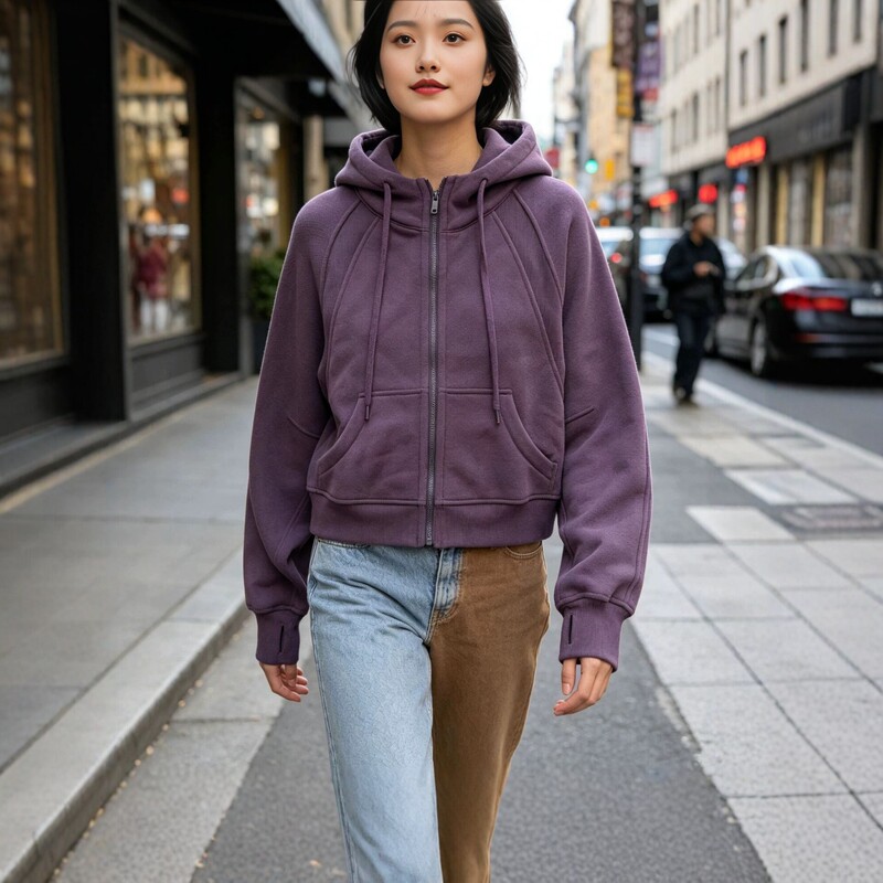 American-style raglan sleeve hooded zip-up sweatshirt, women's short, loose-fitting, casual fleece jacket, new autumn/winter top American-style raglan sleeve hooded zip-up sweatshirt, women's short, loose-fitting, casual fleece jacket, new autumn/winter top