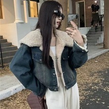 翻领短款加绒加厚上衣时尚百搭牛仔外套韩版宽松冬季新款羊羔