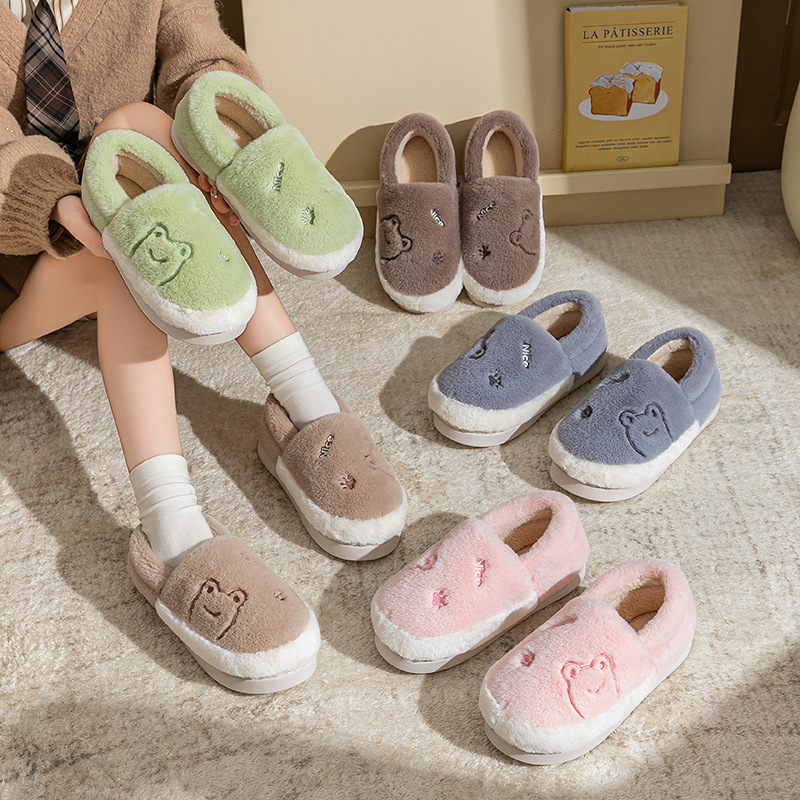 Otoño e invierno cartón de dibujos animados rana tacon zapatillas de algodón para hombres y mujeres en el hogar de peluche grueso antideslizante calentamiento suave pareja interior zapatos de algodón