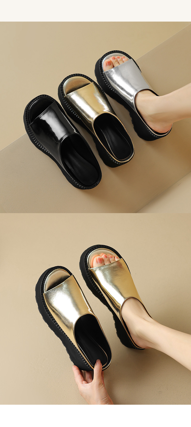 Dép sandal nữ xỏ ngón đế bệt da thật mũi hở phong cách tối giản — màu đen, màu vàng, bạc chi tiết 10