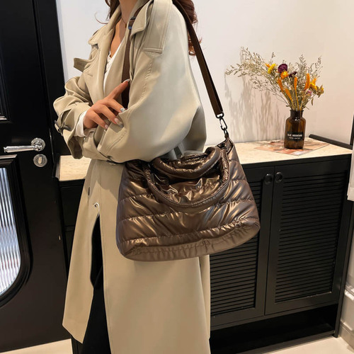 2024 winter casual lazy, foreign style, portable wide shoulder strap, cross-body bag, women's space cotton embroidery thread, large capacity, solid color