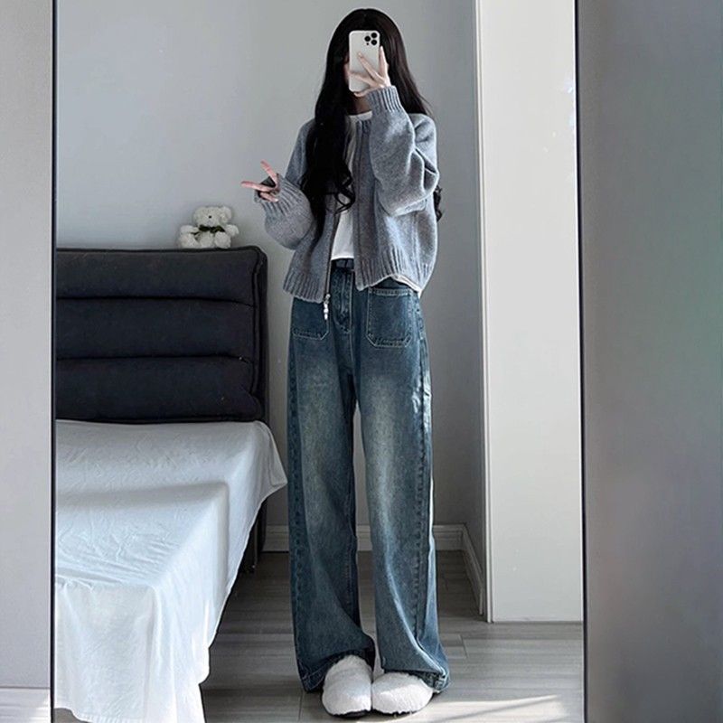 Grey short coat women's autumn and winter 2023 new loose zipper sweater cardigan long sleeve knitted top