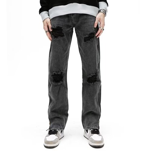 American High Street Personality Jeans Zipper Broken Frayed Tassel Hip-Hop Design Winter Straight Leg Slim Fit Pants