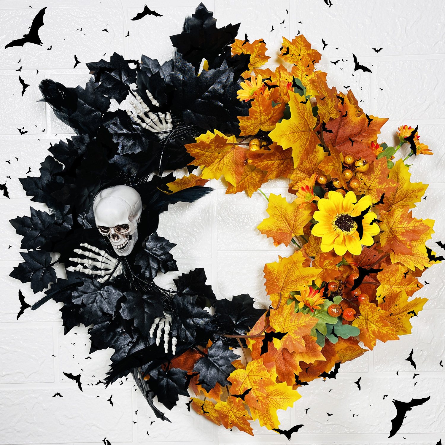 Meimei amazon corona de halloween esqueleto 45cm corona de flores festival de cosecha simulación de arce decoración de fiesta de terror