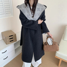 大牌高端四叶草老花双面提花印花双面羊绒大衣女加长款羊毛呢外套