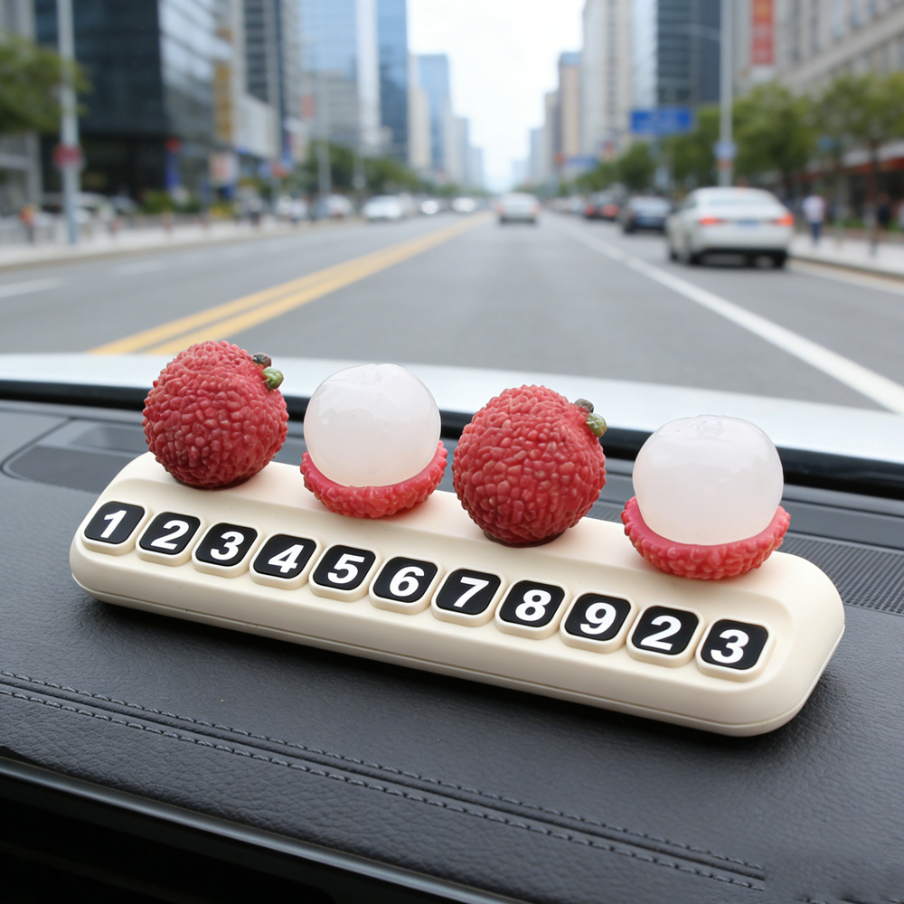 Tarjeta telefónica de movimiento de automóviles, tarjeta de estacionamiento temporal de frutas de litchi, adornos creativos de automóviles