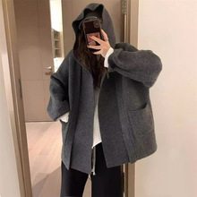 连帽加厚口袋大码针织开衫女2024秋冬新款韩系设计感小众毛衣外套