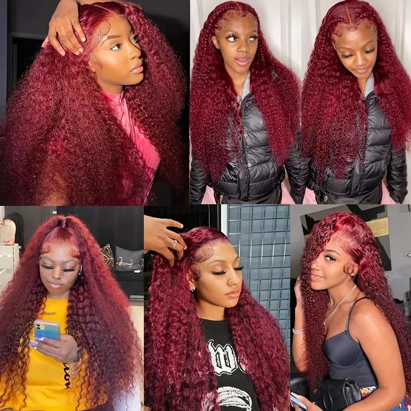 Peluca sintética de encaje con cabello rizado pequeño de color borgoña de aspecto natural, estilo clip, para mujeres africanas._voghion.com