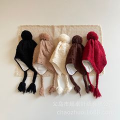 韩系复古百搭儿童针织点点球球加内里毛线帽护耳帽