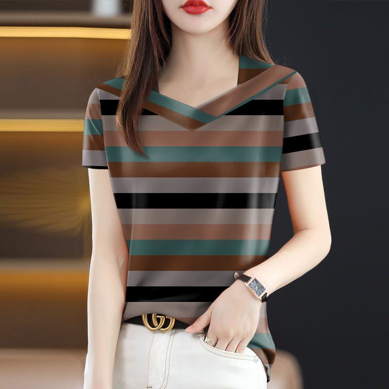 Wholesale 2025 New Summer Popular Women's T-Shirt Slimming Belly-Covering V-Neck Fashionable Short-Sleeved One-Piece Drop Shipping