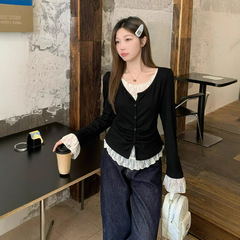 2025春の太ったMM韓系はレースを着て偽の2つのインナーシャツのtシャツの女性をつなぎ合わせます。