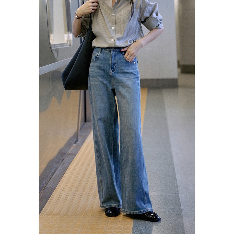 Jicouture "Denim Series" Straight High-Waisted Wide-Leg Jeans for Women, Spring High-Waisted Slimming Long Pants