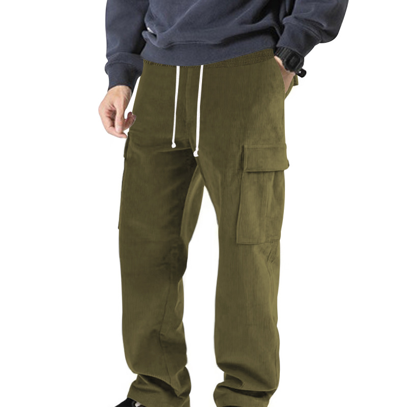 2022 Otoño e Invierno Pantalones rectos multibolsillos de pana delgada de color sólido pantalones de barrido de los hombres pantalones sueltos casuales de los hombres