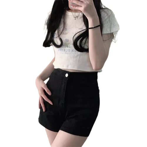 Women's Black Sexy High-Waisted Bib Shorts 2025 New Style, Small Figure Slimming, Muscle-Hiding, Booty-Bolstering Hot Pants