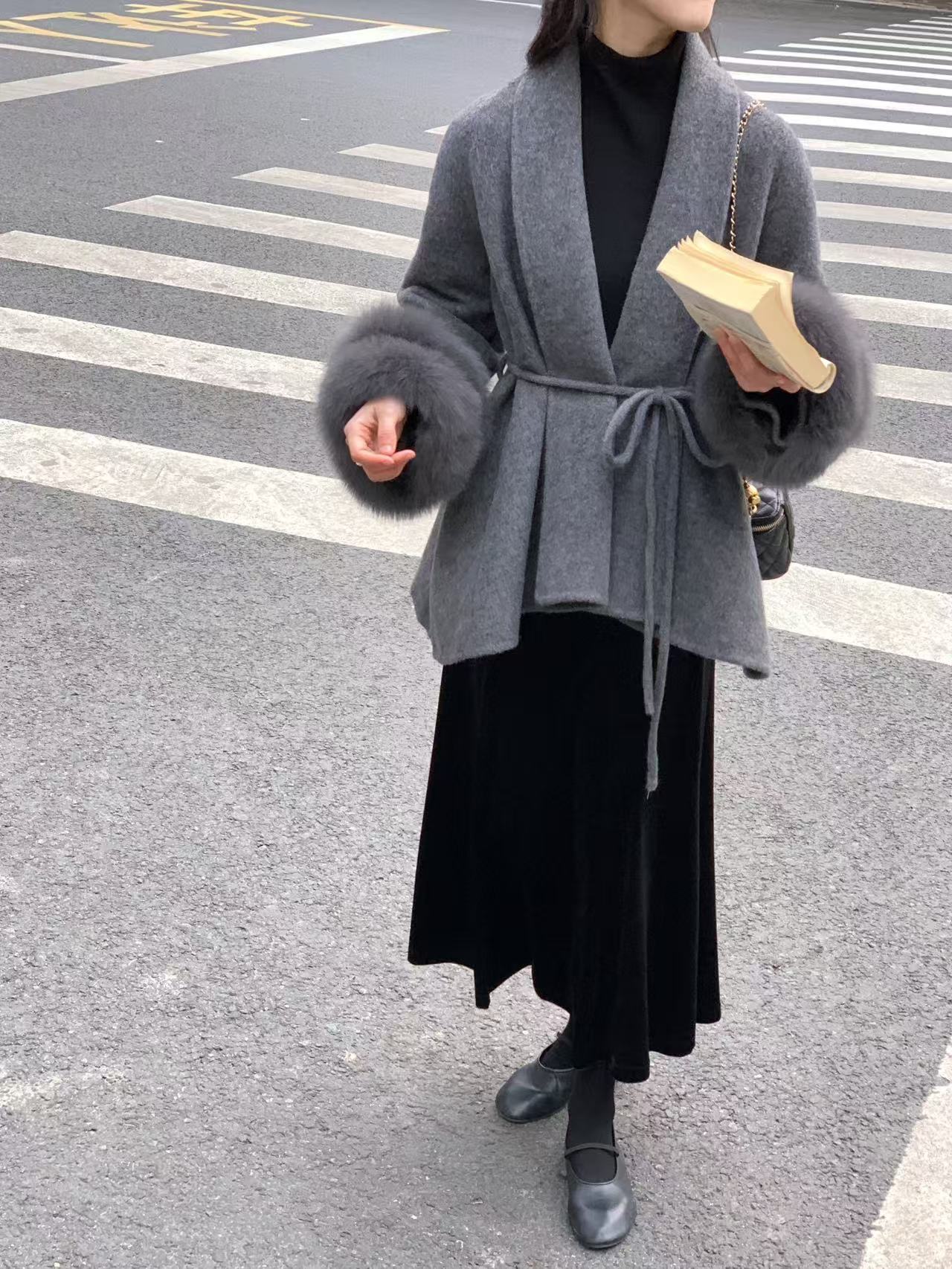 Widened Fox Fur Sleeve New Double-sided Cashmere Coat Mid-length Bathrobe Shoulder Slimming Lace-up Wool Coat for Women