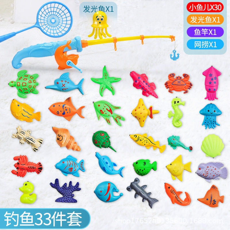 물고기 30마리 빛나는 물고기 1마리 바다 막대 1개 낚시 그물 1개