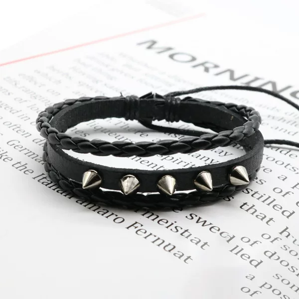 Trendy Punk Non-mainstream Rock Retro Cowhide Woven Central Nail Bracelet Fashion Personalized Men's and Women's Bracelet