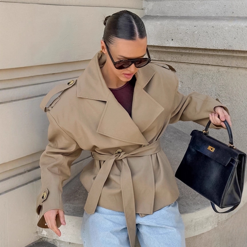 2025 Autumn Cross-Border New Loose Lace-Up Long-Sleeve Trench Coat for Women with a Stylish and Casual Commuter Design