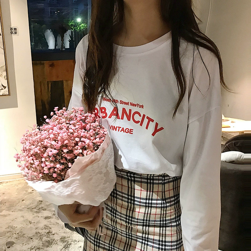 Весенняя женская футболка из чистого хлопка с длинным рукавом 2025 года, повседневная, универсальная, в корейском стиле, модная, с принтом, базовая рубашка для студенток.