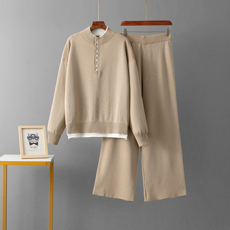 Damen Strick Zweiteiler Set Mit Lockerem Pullover Und Weiter Hose_voghion.com