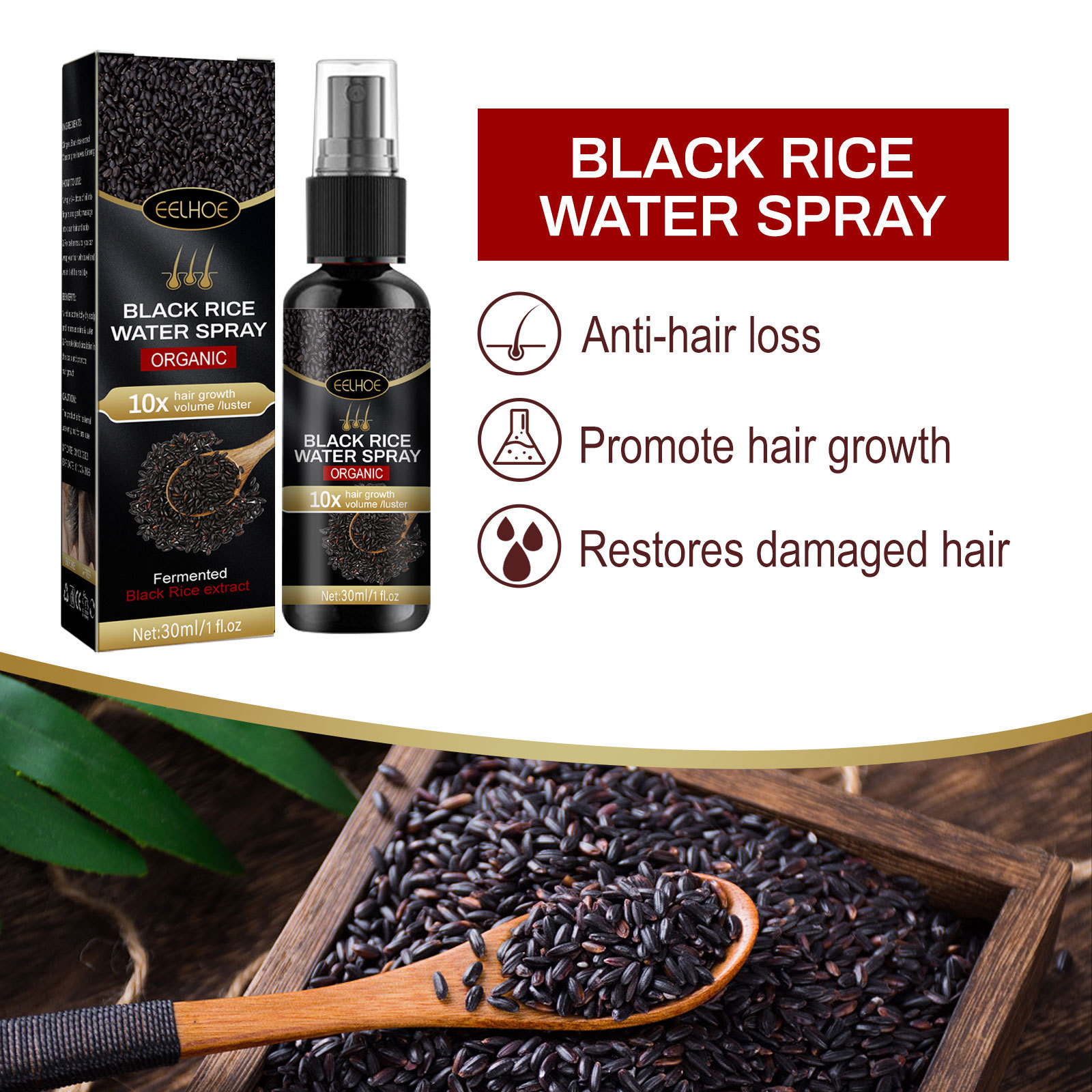 EELHOE arroz negro spray para el cabello hidratar la raíz del cabello suave spray para el cabello