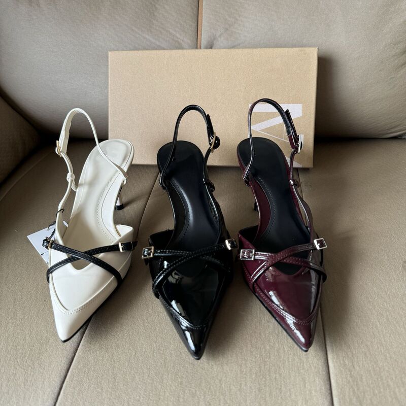 Spain 2025 New Black and White Color Matching Pointed Toe Shallow Mouth Women's Shoes Cross Strap Exposed Stiletto Heels Muller Fashion Sandals