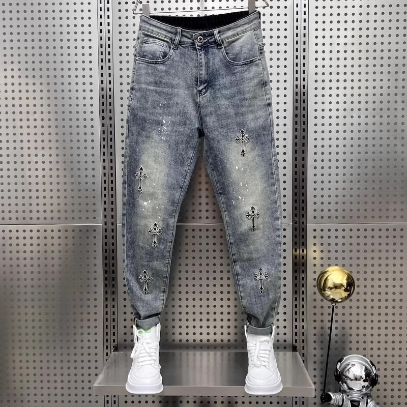 Autumn New Loose Straight-Leg Jeans Fashion Stylish Versatile Casual Pants Men's Trendy Brand Cross Embroidery Long Pants