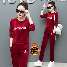 秋冬加绒加厚金丝绒运动套装时尚女韩版金丝绒休闲刺绣时尚两件套