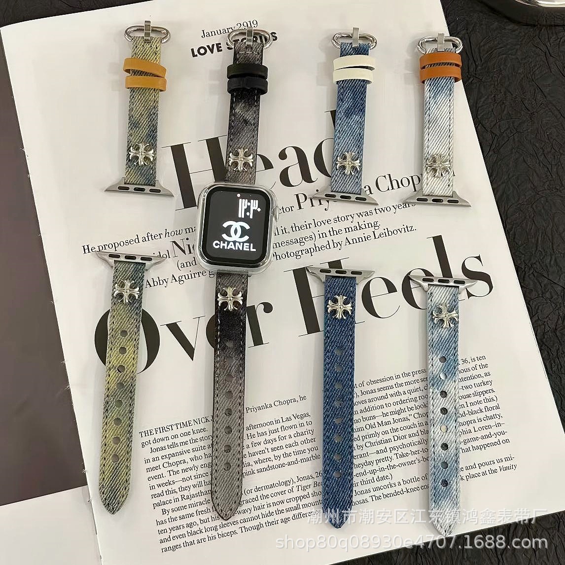 Crow Heart Denim Leather Strap Suitable for Apple Watch S10 S11 Samsung Huawei Gt6 Xiaomi Wristband