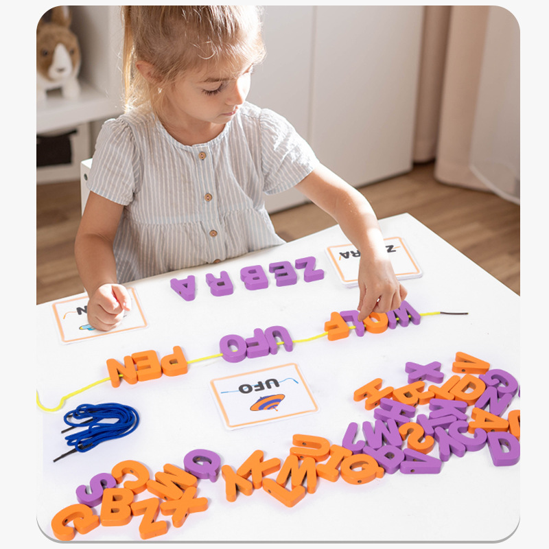 CPC CE Tarjeta de palabras de aprendizaje para niños Juguetes en inglés Juego de rompecabezas de cuentas con hilo Alfabeto para bebés