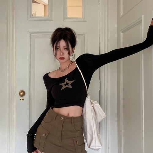 American-style spicy girl five-pointed star V-neck slimming long-sleeved T-shirt women's new design short tight base top