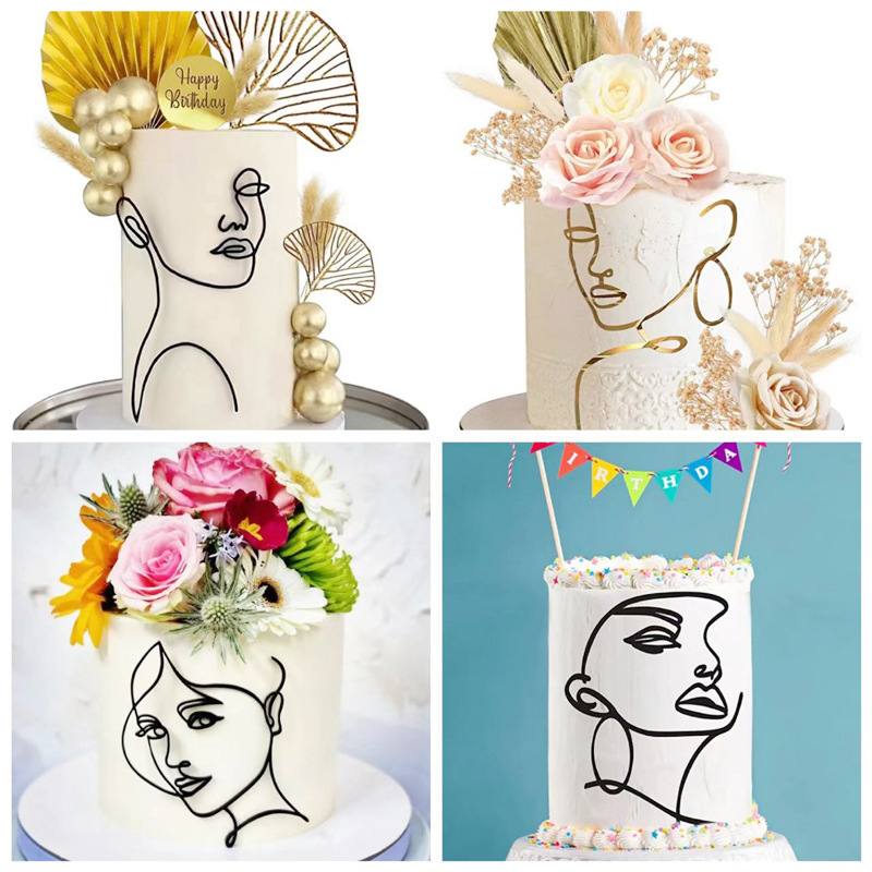 Cross-Border Abstract Minimalist Character Facial Art Facial Lines Acrylic Mirror Stickers Cake Decoration Baking Inserts